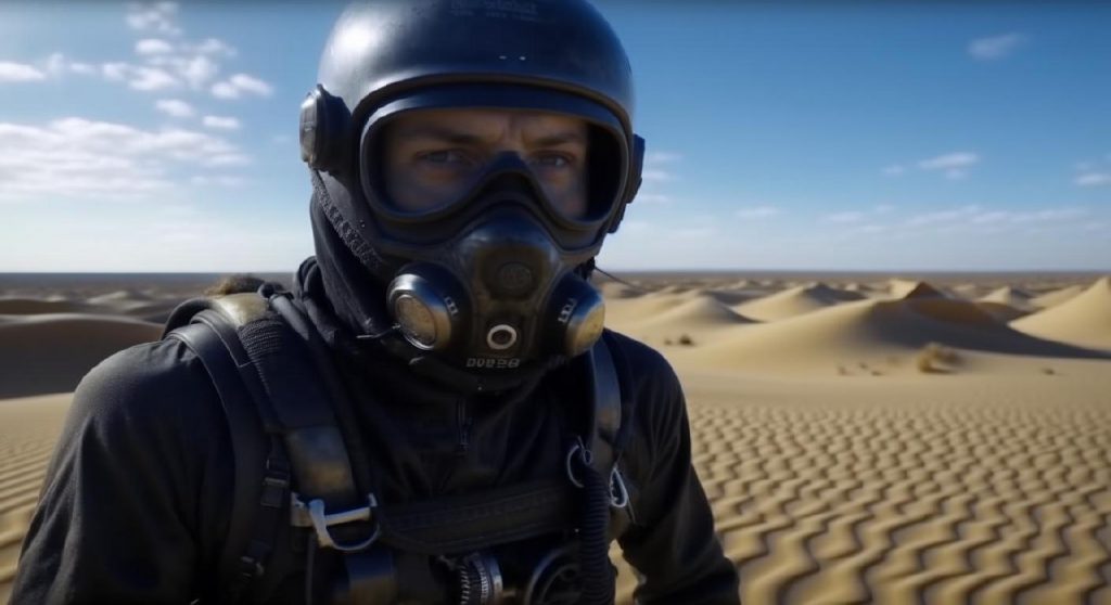 create a scuba diver standing in the middle of a vast desert scratching their head with a lost look on their face