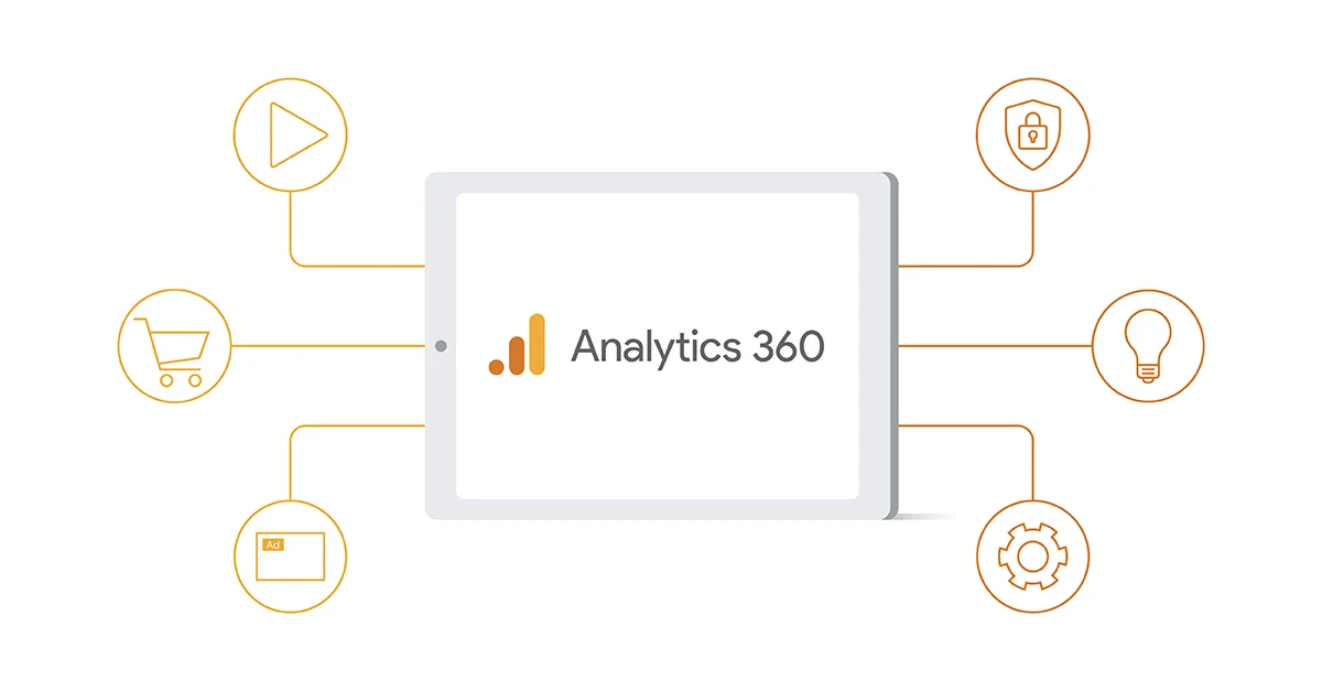 изображение с планшетом с логотипом Analytics 360, соединенным линиями с кругами, содержащими значки воспроизведения видео, корзины для покупок, рекламы, щита с замком, лампочки и шестеренки.