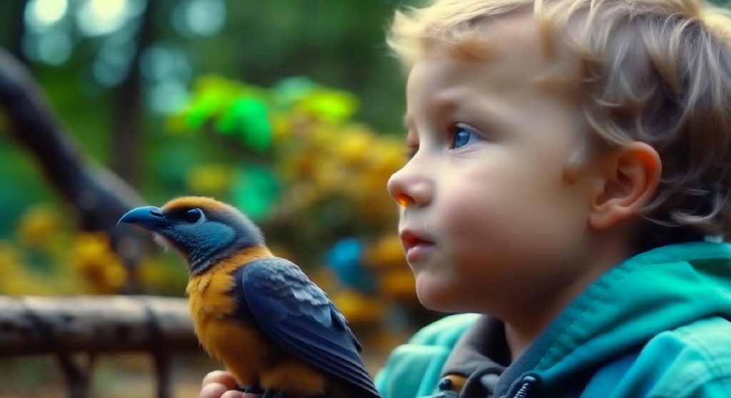 generate an image of a mystified child discovering an unusual bird that does not exist, over the shoulder shot, midday, detailed