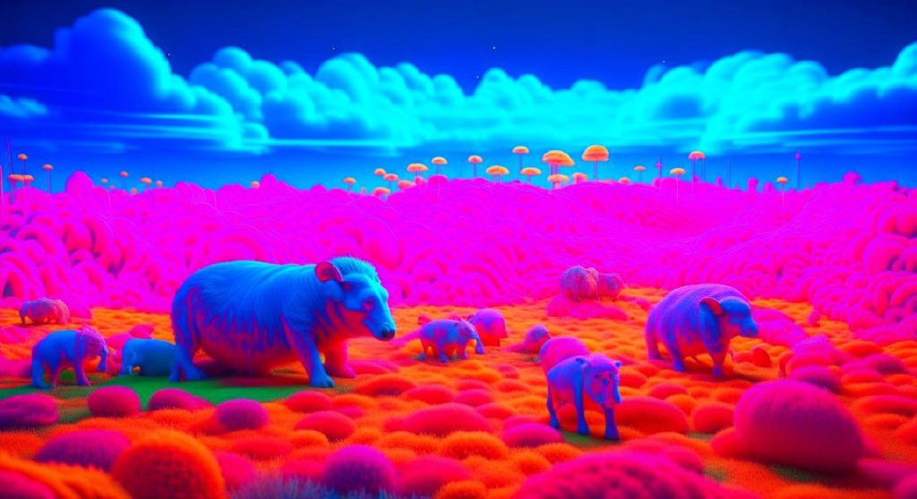 generate a vast landscape made of cotton candy, filled with glowing animals made of neon threads