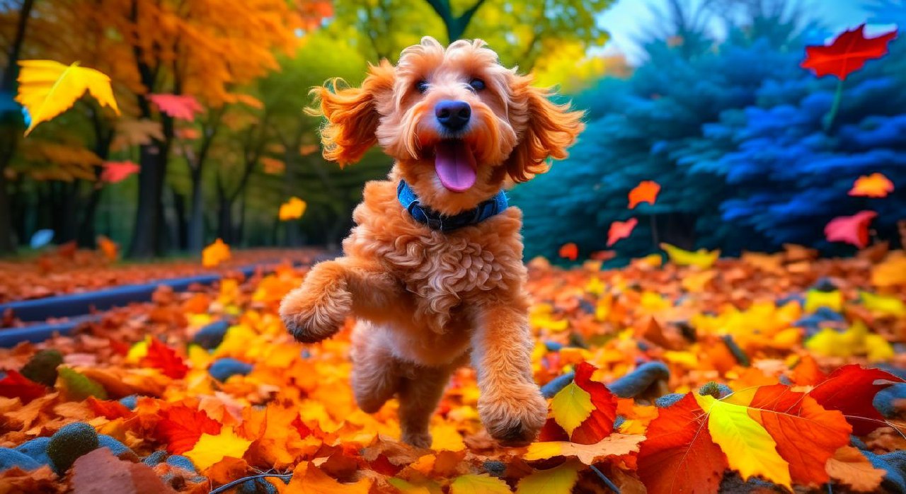 create an image of a golden doodle jumping into a pile of leaves, action photography.