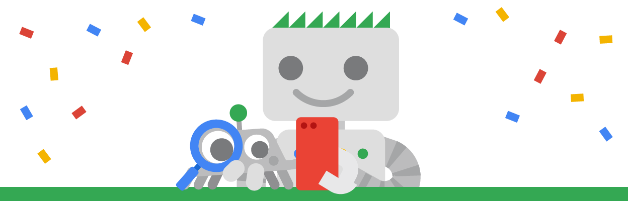 Googlebot и Кроули празднуют с красным мобильным телефоном