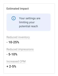 Скриншот примерного влияния в Центре соответствия контента Google Рекламы, показывающий, как настройки могут повлиять на потенциальный охват кампаний