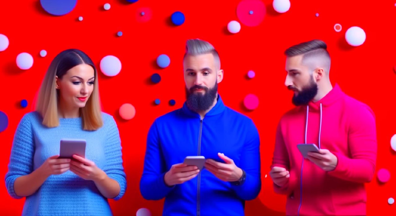 Три человека пользуются YouTube на мобильных устройствах, и у каждого из них поднимаются пузыри мыслей. На заднем плане — красно-серый рисунок.